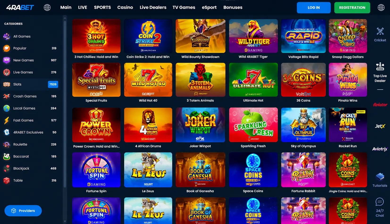 4RABET slots catalog and casino game categories