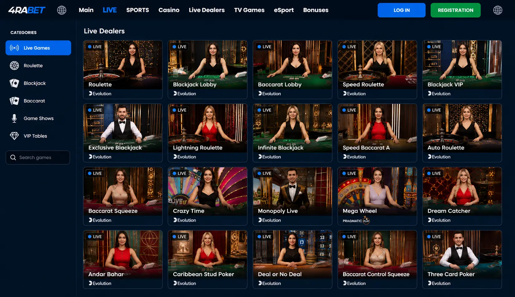 4RABET live casino tables and live dealer games