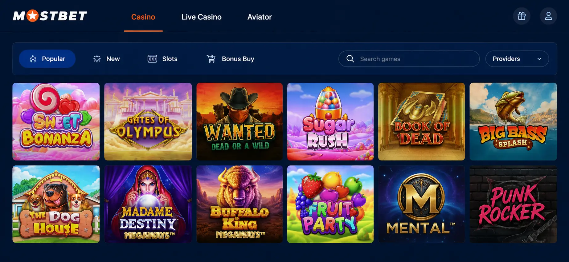 MostBet casino lobby slots and game categories