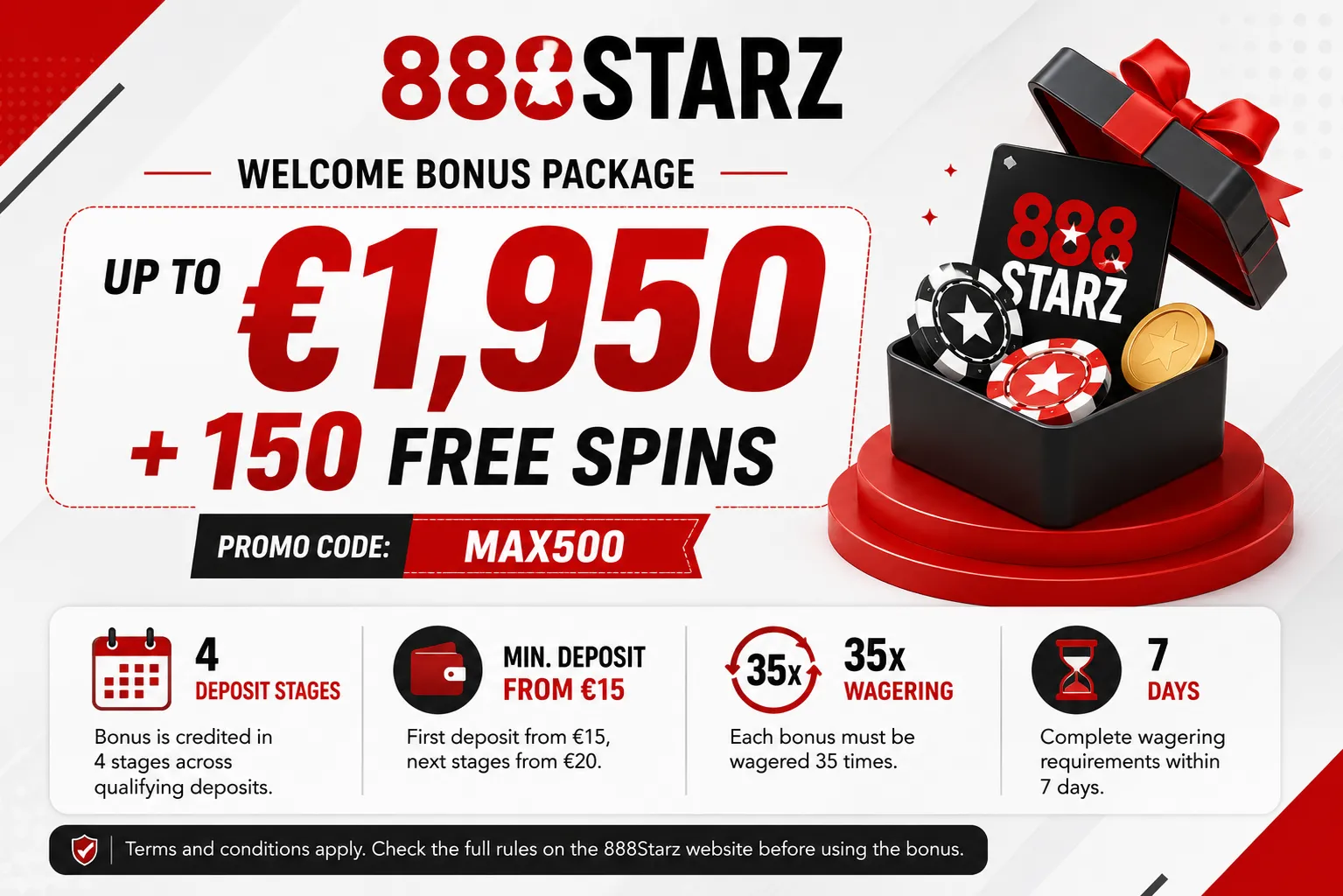 888Starz €1,950 bonus and 150 free spins