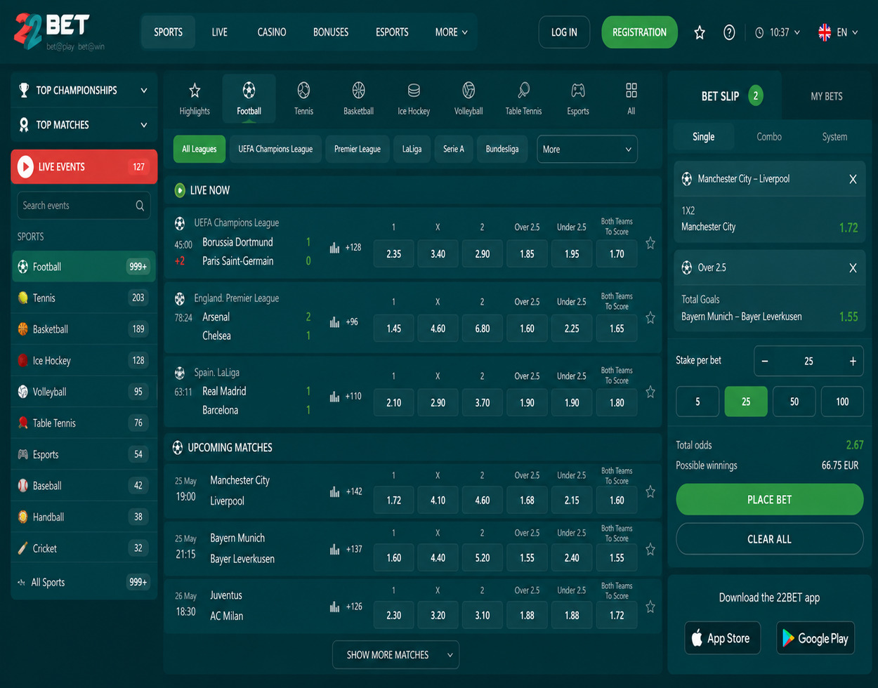 22Bet sports betting interface