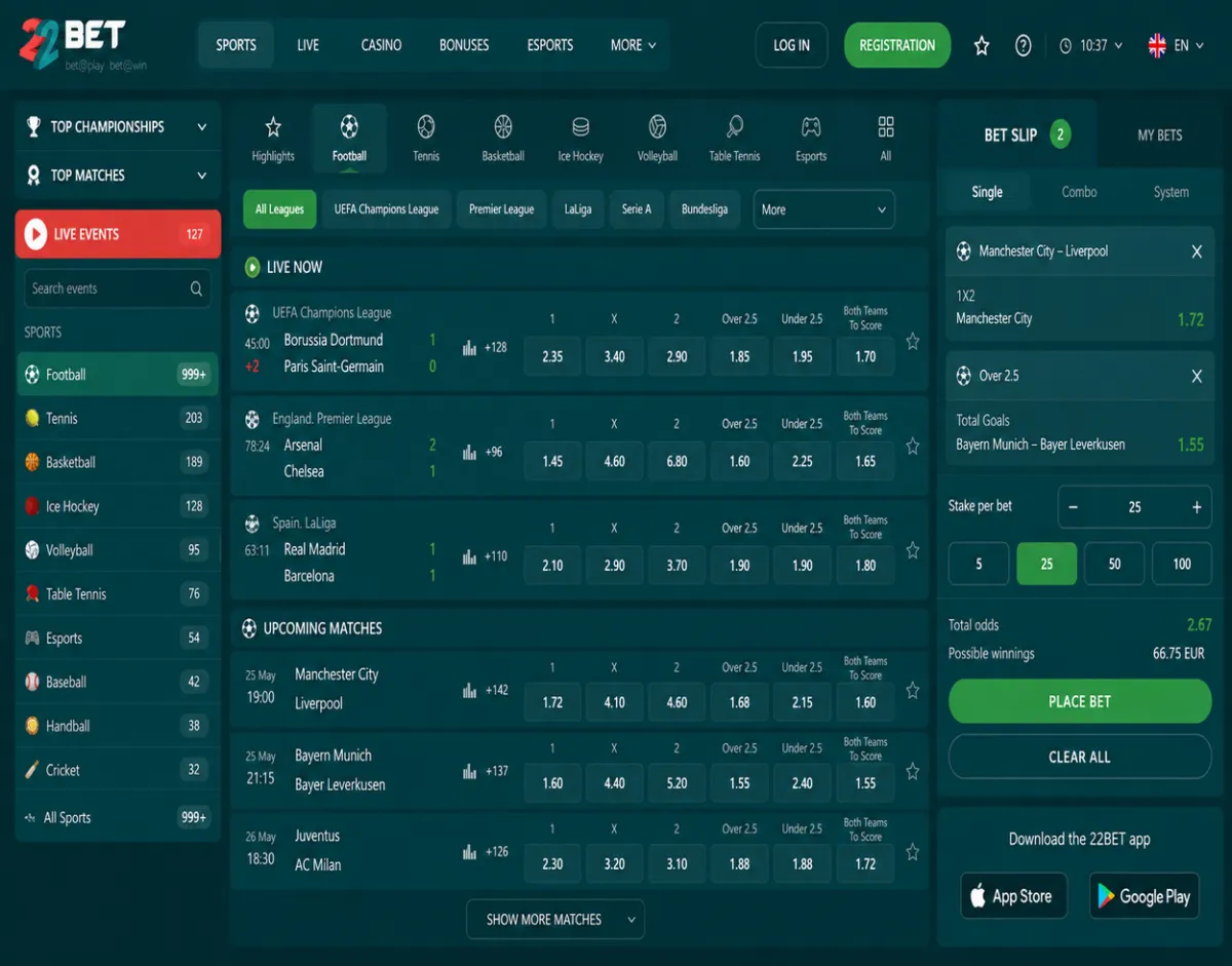 22BET sports betting interface