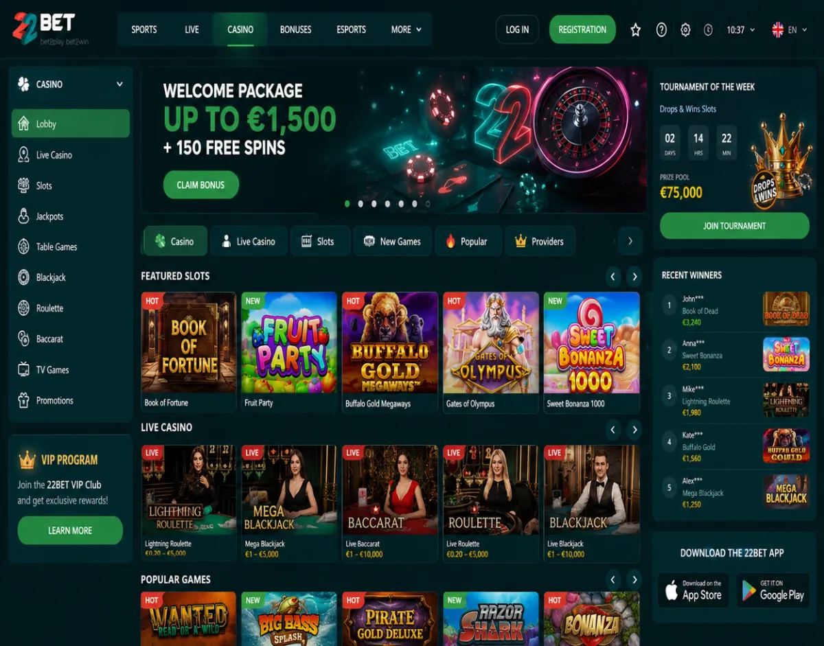 22BET casino games and welcome bonus
