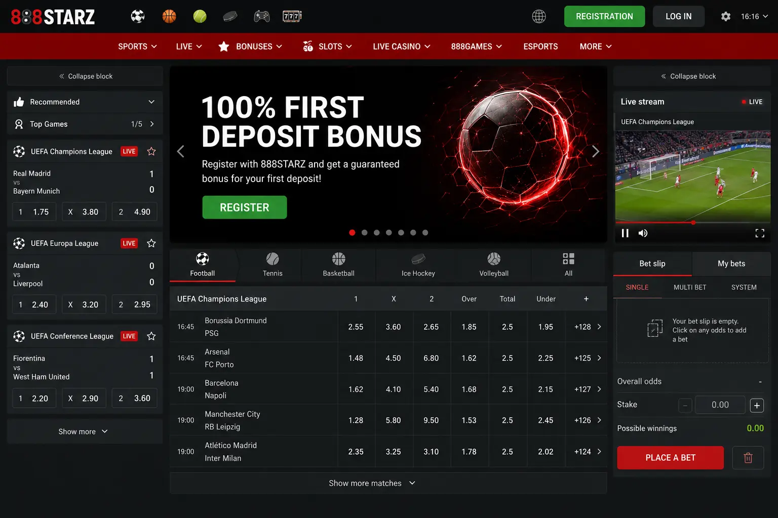 888STARZ sportsbook interface and first deposit