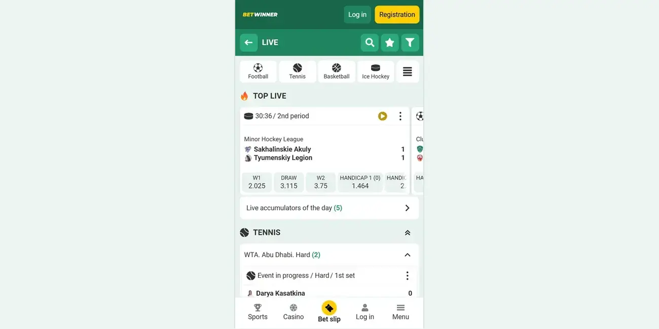 BetWinner live betting interface