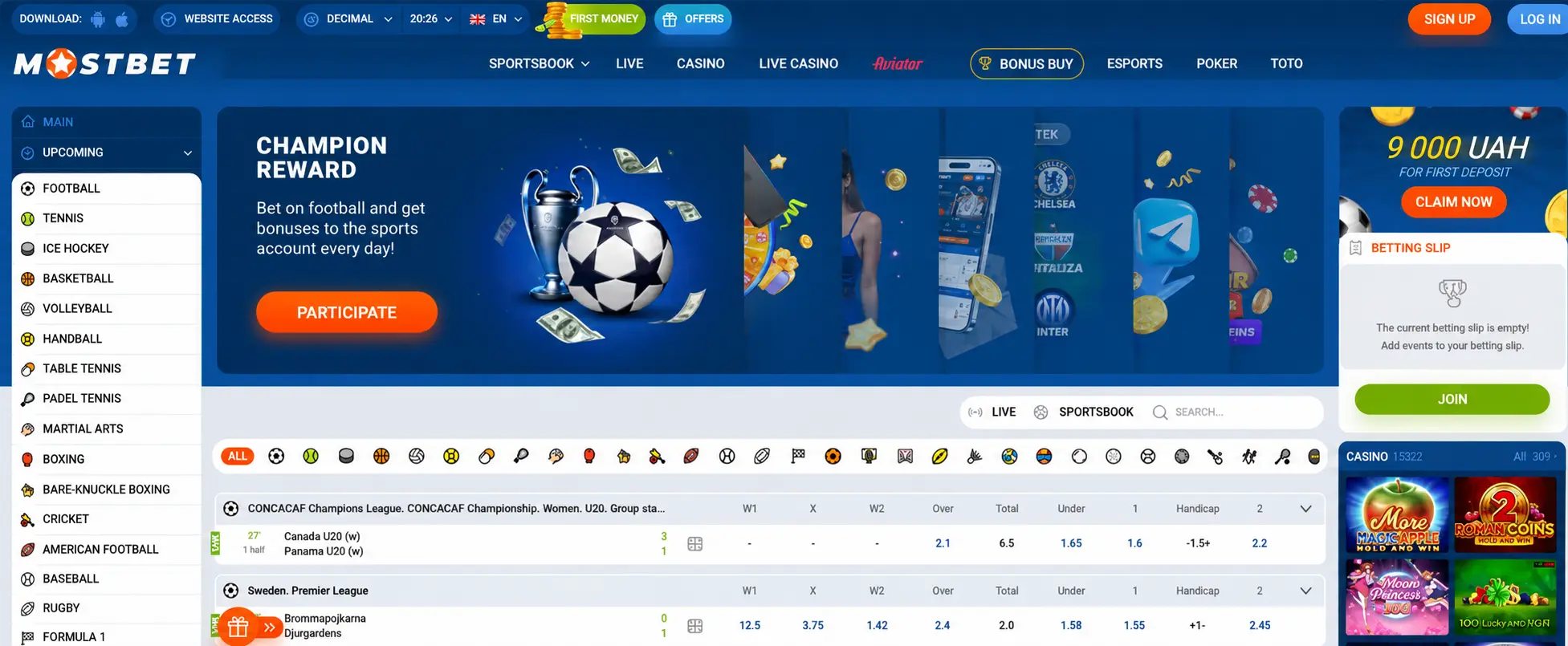 MostBet sportsbook homepage and betting sections