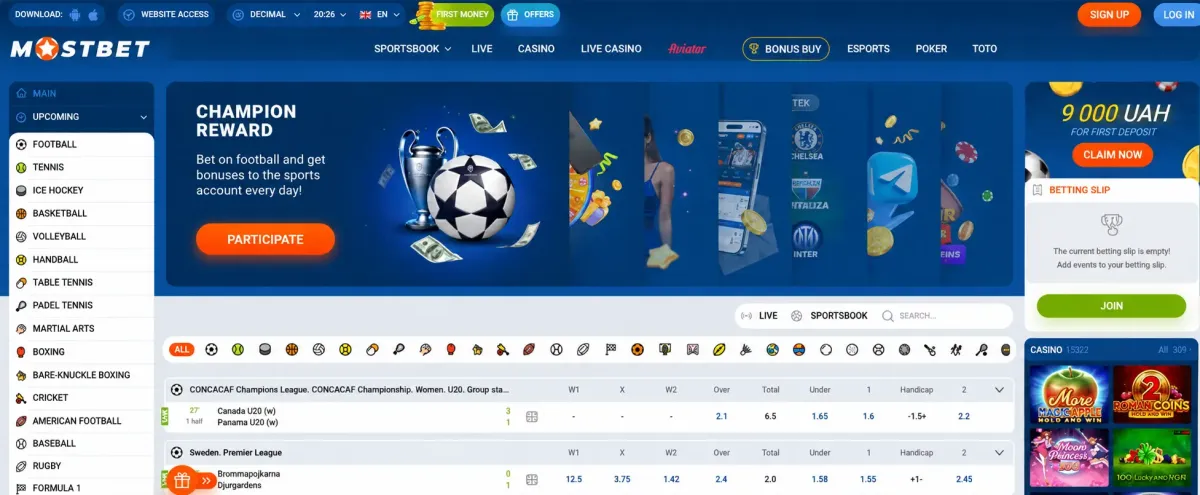 MostBet sportsbook homepage and betting sections